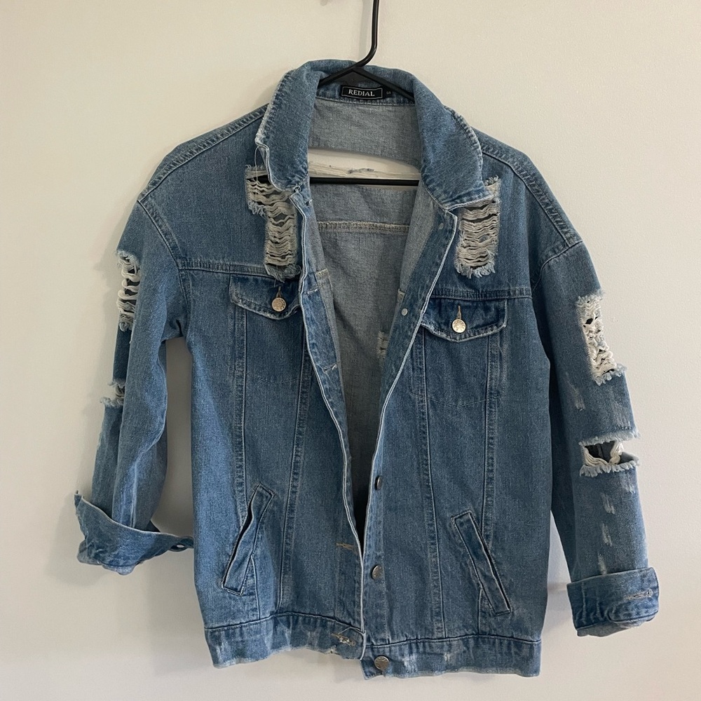 distressed oversized jean jacket size small from boohoo